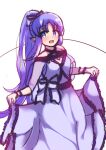  1girl :d absurdres bare_shoulders blue_bow blue_dress blue_eyes blush bow breasts dress fate/grand_order fate_(series) highres long_hair looking_at_viewer medea_(lily)_(fate) parted_bangs ponytail purple_hair simple_background skirt_hold small_breasts smile solo very_long_hair white_background wrist_cuffs yuya090602 