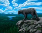  2022 cloud detailed_background digital_media_(artwork) felid feral fluffy forest fur grey_body grey_fur kippycube landscape looking_down male mammal markings moss mountain nature pantherine paws plant rock sky smile snow_leopard solo spots spotted_body spotted_fur standing tree whiskers 