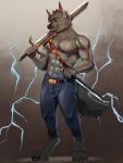 absurd_res anthro belt black_nose black_sclera blade bottomwear canid canine canis claws clothed clothing cyotek darkwolf_(darkwolfdemon) digital_media_(artwork) electricity fur hair hi_res holding_object holding_weapon lightning looking_at_viewer male mammal melee_weapon muscular muscular_male nipples open_mouth pants scar solo sword tail teeth weapon wolf