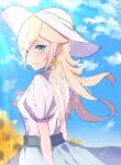  1girl alternate_costume ayaka_00709 blonde_hair blue_eyes blue_sky closed_mouth cloud commentary earrings eyes_visible_through_hair hat highres jewelry long_hair looking_back mario_(series) puffy_short_sleeves puffy_sleeves rosalina shirt short_sleeves skirt sky smile solo star_(symbol) star_earrings sun_hat symbol-only_commentary upper_body white_hat white_shirt 
