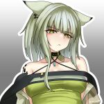  1girl :&lt; animal_ears arknights bare_shoulders black_choker breasts bright_pupils cat_ears choker criss-cross_halter dress gradient_background green_dress green_eyes green_hair grey_background halterneck highres kal&#039;tsit_(arknights) long_hair looking_at_viewer medium_breasts ray_co99 solo upper_body white_pupils 