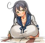  ahoge alternate_breast_size blush breast_rest breasts huge_breasts kantai_collection long_hair open_mouth pencil sachito school_uniform serafuku solo sweatdrop ushio_(kantai_collection) yellow_eyes 