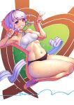  1girl a.i._voice absurdres armpits breasts commentary_request double_v full_body highres looking_at_viewer navel nicchi purple_eyes purple_hair seiza short_hair_with_long_locks sitting small_breasts smile solo sports_bikini stomach sweat thighs track_and_field v voiceroid yuzuki_yukari 