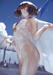  1girl black_eyes black_hair breasts competition_swimsuit cowboy_shot day highleg highleg_swimsuit highres kaoming medal medium_breasts nanjou_ao one-piece_swimsuit original outdoors see-through_swimsuit short_hair solo_focus swimsuit towel wet white_one-piece_swimsuit 