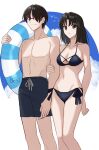  1boy 1girl alternate_costume bikini black-framed_eyewear black_bikini black_hair blue_eyes breasts brown_eyes closed_mouth collarbone commentary_request glasses hair_over_one_eye highres holding holding_swim_ring husband_and_wife innertube kara_no_kyoukai kokutou_mikiya locked_arms looking_at_viewer male_swimwear medium_breasts navel one_eye_covered ryougi_shiki shintyoi2 short_hair smile stomach swim_ring swim_trunks swimsuit topless_male 