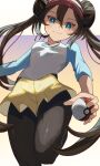  1girl absurdres ame_akira blue_eyes breasts bright_pupils brown_hair closed_mouth commentary_request double_bun from_below hair_bun highres holding holding_poke_ball leg_up long_hair looking_down pantyhose poke_ball poke_ball_(basic) pokemon pokemon_bw2 raglan_sleeves rosa_(pokemon) shirt shorts signature smile solo twintails visor_cap white_pupils yellow_shorts 