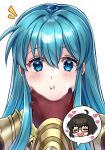  2girls aqua_eyes aqua_hair artist_self-insert black_hair blush blush_stickers closed_mouth earrings eirika_(fire_emblem) english_commentary fire_emblem fire_emblem:_the_sacred_stones glasses gloves hair_between_eyes hand_on_another&#039;s_face highres jewelry long_hair maji_(majibomber) meme multiple_girls pov_cheek_grabbing_(meme) red_gloves upper_body white_background 