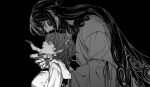  1boy 1girl ashiya_douman_(fate) fate/grand_order fate_(series) fingernails fujimaru_ritsuka_(female) greyscale hand_on_another&#039;s_neck hand_on_another&#039;s_shoulder jamong120 long_fingernails long_hair looking_down looking_up monochrome short_hair simple_background very_long_hair 
