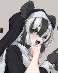  absurd_res anthro bear black_and_white_body black_and_white_fur black_and_white_hair black_ears black_inner_ear blush chin_grab chin_tuft clothing cross cross_necklace cute_fangs ear_tuft eyebrow_through_hair eyebrows eyelashes eyelashes_through_hair facial_tuft female fluffy_ears giant_panda hair half-closed_eyes hand_on_chin hi_res inner_ear_fluff jewelry looking_at_viewer mammal nangmanheeyou narrowed_eyes necklace nun nun_habit nun_outfit orange_eyes religious_clothing seductive simple_background smile solo tongue translucent translucent_hair tuft 