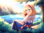  1girl alice_margatroid apple blonde_hair blue_dress blue_eyes blush bush dress food fruit highres lake light_rays looking_at_viewer looking_back sdftehn sitting sunbeam sunlight touhou tree tree_stump 