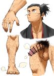  1boy bar_censor bara black_hair censored close-up cross_scar disembodied_foot disembodied_hand erection facial_hair foot_hair fugur6_fugur9 goatee_stubble hairy hand_hair high_ponytail highres male_focus original penis scar short_hair sparse_arm_hair sparse_chest_hair standing steaming_body stubble thick_eyebrows thick_leg_hair thighs 