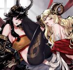  2girls animal_ears arknights black_gloves black_hair blonde_hair breasts cleavage gloves goat_ears goat_girl goat_horns highres hildegard_grimmacht horns large_breasts lieselotte_ewigegnade long_hair looking_at_viewer multiple_girls partially_undressed robot_cat_(robotcatart) twin_empresses_(arknights) 