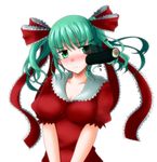  alternate_hairstyle blush collarbone ehoumaki food frills green_eyes green_hair hair_ribbon kagiyama_hina makizushi ribbon setsubun solo sushi touhou twintails white_background yumi_(careca398) 