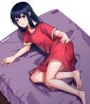  1girl adashino_oto aona_(anagasaki) barefoot black_hair dress expressionless from_above hand_on_own_hip highres kaii_to_otome_to_kamikakushi long_hair looking_at_viewer lying on_bed on_side open_mouth purple_eyes red_dress short_sleeves solo twitter_username white_background 