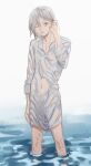  1boy bags_under_eyes black_eyes covered_navel dungeon_meshi elf grey_hair kabe_piko male_focus mithrun no_pants notched_ear one_eye_closed pointy_ears see-through shirt short_hair solo wading water wet wet_clothes wet_hair wet_shirt white_shirt 
