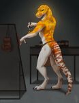  2024 anthro bodypaint bottomwear brush butt claws clothing digital_media_(artwork) digitigrade glowing inside kippycube lizard loincloth male nude paint paintbrush painting rear_view reptile scalie signature solo white_body 