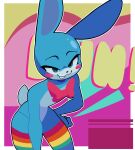  anthro blush bow_ribbon clothing femboy five_nights_at_freddy&#039;s five_nights_at_freddy&#039;s_2 green_eyes hand_on_hip hi_res lagomorph leporid male mammal multicolored_clothing painternewg rabbit rainbow_clothing scottgames scut_tail short_tail solo tail toy_bonnie_(fnaf) 