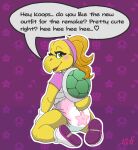  absurd_res anthro blush clothed clothing dialogue diaper english_text female footwear gloves hair handwear hi_res kneeling koopa koopa_troopa koopie_koo looking_back mario_bros nintendo offscreen_character open_mouth pattern_background ponytail scalie shoes simple_background solo star stargal_galexi text wearing_diaper 