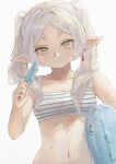  1girl alternate_costume aonh_412 bare_arms bare_shoulders blush breasts collarbone frieren green_eyes grey_hair highres himmel_(sousou_no_frieren) holding holding_ice holding_swim_ring medium_breasts navel parted_bangs pointy_ears smile solo sousou_no_frieren swim_ring twintails upper_body 