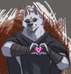  2024 anthro bedroom_eyes black_sclera canid canine canis claws cloak clothed clothing death_(puss_in_boots) dreamworks finger_claws fur gesture grey_body grey_fur hand_heart heart_symbol howdypeepos male mammal narrowed_eyes puss_in_boots_(dreamworks) red_eyes seductive sketch solo wolf 