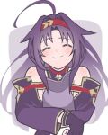  1girl ahoge armor blush breastplate closed_eyes closed_mouth commentary_request detached_sleeves facing_viewer fairy_(sao) fingerless_gloves gloves hairband long_hair long_sleeves parted_bangs purple_gloves purple_hair red_hairband smile solo sword_art_online upper_body yumeru_desu yuuki_(sao) 