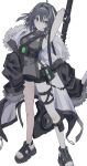  1girl arknights arm_up black_eyes black_hair black_jacket black_shirt black_shorts breasts closed_mouth commentary dot_mouth feather_hair frown full_body fur-trimmed_jacket fur_trim highres holding holding_scythe jacket la_pluma_(arknights) looking_at_viewer medium_breasts open_clothes open_jacket pouch ra_aizz sandals scythe shirt short_hair shorts side_slit sideboob simple_background socks solo thigh_strap white_background white_socks 