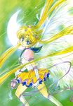 1girl 90s airbrush_(medium) angel_wings bangs bishoujo_senshi_sailor_moon blonde_hair blue_eyes blue_sailor_collar boots crescent_moon double_bun elbow_gloves eternal_sailor_moon eternal_tiare facial_mark feathered_wings feathers floating_hair forehead_mark from_side gloves hair_ornament hairclip highres holding kawamura_mika layered_skirt long_hair marker_(medium) moon parted_bangs pink_ribbon ribbon sailor_collar sailor_moon sailor_senshi_uniform signature skirt solo traditional_media tsukino_usagi twintails very_long_hair white_footwear white_gloves wings 
