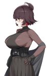  1girl absurdres belt black_dress bodystocking breasts dress earrings from_side girls&#039;_frontline_neural_cloud gloves highres jewelry large_breasts monocle nora_(neural_cloud) open_mouth red_eyes ribu_(rv) short_hair sideboob solo turtleneck utility_belt 