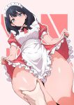  1girl alternate_costume apron black_hair black_ribbon blue_eyes closed_mouth clothes_lift commentary_request dress enmaided from_below gridman_universe highres kamidan lifting_own_clothes long_hair looking_at_viewer maid maid_apron maid_headdress meme neck_ribbon pov pov_cheek_grabbing_(meme) red_dress ribbon short_sleeves skirt skirt_lift solo ssss.gridman takarada_rikka thick_thighs thighs white_apron 