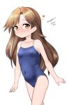  1girl absurdres alternate_costume arashio_(kancolle) blue_one-piece_swimsuit breasts brown_eyes brown_hair competition_school_swimsuit covered_navel cowboy_shot heart highres kantai_collection long_hair looking_at_viewer maru_(marg0613) one-hour_drawing_challenge one-piece_swimsuit parted_bangs school_swimsuit simple_background small_breasts smile solo swimsuit white_background 
