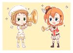  animated animated_gif beret blush chibi commentary friedbun full_body hat instrument kira_tsubasa kousaka_honoka love_live! love_live!_school_idol_project multiple_girls open_mouth private_wars simple_background smile sore_wa_bokutachi_no_kiseki standing thighhighs trumpet tuba yellow_background zettai_ryouiki 