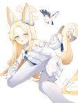  1girl :d animal_ear_fluff animal_ears bird blonde_hair blue_archive blush cross_halo dress feet feet_up flower_wreath foot_focus forehead fox_ears grabbing_own_tail gradient_eyes halo highres long_hair looking_at_viewer multicolored_eyes no_shoes orange_eyes pantyhose ro/ku seia_(blue_archive) sleeve_bow sleeves_past_fingers sleeves_past_wrists smile soles solo striped_clothes striped_pantyhose tit_(bird) vertical-striped_clothes vertical-striped_pantyhose white_bird white_dress white_pantyhose yellow_eyes yellow_halo 