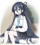  1girl 2t_(vmyz7342) absurdly_long_hair absurdres aris_(blue_archive) black_hair black_hairband black_skirt blue_archive blue_eyes blue_necktie blush collared_shirt feet_out_of_frame hairband highres long_hair long_sleeves necktie one_side_up parted_lips pleated_skirt shirt sitting skirt solo very_long_hair white_shirt window_blinds 