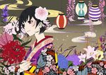  absurdres bad_id bad_pixiv_id black_hair blackmoon_(ypps6166) floral_print flower from_side hair_flower hair_ornament highres hydrangea japanese_clothes kimono kiseru lantern lily_(flower) mushishi pipe rose short_hair smoke spider_lily tanyuu_karibusa upper_body wisteria 