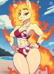  anthro breasts cleavage clothed clothing deathzera equid equine female fire flaming_hair generation_1_pokemon hi_res mammal monster_girl_(genre) navel nintendo pokemon pokemon_(species) pseudo_hair rapidash signature smile smiling_at_viewer solo tagme wide_hips 