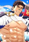  1boy abs alternate_costume artist_name bara black_hair blue_hair cloud cloudy_sky collar crave_saga feet_out_of_frame gae_bolg_(crave_saga) gloves jacket jewelry looking_at_viewer male_focus manly mature_male multicolored_hair muscular muscular_male nattukre necklace nipples official_alternate_costume open_clothes open_jacket pectorals scar sharp_teeth signature sky smirk solo spiked_hair teeth thick_eyebrows twitter_username upper_body yellow_eyes 