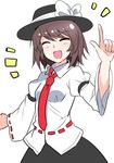  bow brown_hair closed_eyes e.o. hat highres necktie open_mouth pointing pointing_up ribbon short_hair skirt smile solo touhou usami_renko 