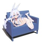  1girl animal_ears azur_lane blue_eyes braid breasts closed_mouth couch fake_animal_ears full_body hair_between_eyes highres le_malin_(azur_lane) long_hair looking_at_viewer lying no_shoes on_stomach pantyhose rabbit_ears rabbit_tail sidelocks simple_background small_breasts solo tail thigh_strap twin_braids very_long_hair white_background white_hair white_pantyhose zzzearly 