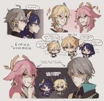  2girls 3boys aether_(genshin_impact) ahoge alhaitham_(genshin_impact) anger_vein animal_ears bare_shoulders blonde_hair blunt_bangs braid chibi closed_mouth couple earrings feather_hair_ornament feathers from_side genshin_impact green_eyes grey_hair hair_between_eyes hair_ornament headpiece japanese_clothes jewelry kaveh_(genshin_impact) light_smile long_hair looking_at_another looking_to_the_side mole mole_under_eye multiple_boys multiple_girls nonons open_mouth pink_hair purple_eyes purple_hair raiden_shogun red_eyes simple_background single_braid sparkle speech_bubble sweatdrop teeth yae_miko yaoi yuri 