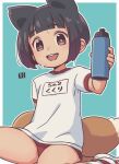  1girl animal_ears black_eyes black_hair bottle buruma fox_ears fox_girl fox_tail gym_uniform mawaru_(mawaru) open_mouth original red_buruma shirt short_hair short_sleeves sitting smile solo sweat tail thighs white_shirt 