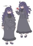  1girl @_@ ahoge alternate_body_size alternate_breast_size arms_at_sides breasts breasts_apart cameltoe covered_navel covered_nipples dot_nose dress full_body grey_dress hair_between_eyes hairband hex_maniac_(pokemon) holding holding_poke_ball large_breasts long_hair long_sleeves looking_at_viewer mary_janes multiple_views open_hands open_mouth plump poke_ball pokemon puffy_nipples purple_eyes purple_footwear purple_hair purple_hairband shoes simple_background skin_tight standing thick_thighs thighs translation_request white_background wide_mouth yoshino_norihito 