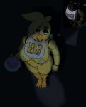  animatronic avian beak bedroom_eyes bib big_breasts bird blue_eyes breasts breasts_bigger_than_head chica_(fnaf) chicken chicken_girl classic_chica_(fnaf) clothes_writing cupcake_(fnaf) exposed_breasts feathers feet female five_nights_at_freddy&#039;s fur galliform gallus_(genus) half-closed_eyes hi_res high-angle_view holding_object humanoid inverted_nipples joints looking_at_viewer looking_up machine narrowed_eyes nipples phasianid plate purple_eyes reference_image robot robot_humanoid robot_joints scottgames seductive shadow slightly_chubby slightly_chubby_female solo talons toes yellow_body yellow_feathers zhenai 