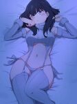  1girl absurdres bare_shoulders black_hair blue_eyes blush breasts gridman_universe highres long_hair long_sleeves looking_at_viewer masakin medium_breasts navel on_bed solo ssss.gridman takarada_rikka 