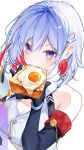  1girl absurdres black_gloves blue_hair bread bread_slice breasts button_gap cleavage collared_shirt elbow_gloves food food_in_mouth fried_egg fried_egg_on_toast gloves highres holding holding_food honkai_(series) honkai_impact_3rd large_pectorals looking_at_viewer nong_345 numby_(honkai:_star_rail) pectorals purple_hair shirt simple_background solo teeth toast topaz_(honkai:_star_rail) trotter_(honkai:_star_rail) upper_teeth_only white_background white_shirt 