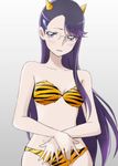 animal_print blue_eyes blush breasts embarrassed fake_horns glasses gradient gradient_background heartcatch_precure! long_hair precure purple_hair small_breasts solo tiger_print tsukikage_oyama tsukikage_yuri very_long_hair 