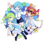  3girls :o :q ahoge alternate_costume arm_up bell bell_(rbb) belt black_belt blue_(rbb) blue_eyes blue_hair blue_shorts boots border bow cable candy coat commentary creature cropped_jacket food full_body goggles goggles_on_head green_eyes green_hair group_name hair_bell hair_bow hair_ornament hair_scrunchie high_collar highres holding holding_cable holding_microphone holster hood hood_down hooded_jacket jacket knee_boots lollipop long_hair long_sleeves looking_at_viewer low_ponytail m_(m073111) microphone midriff multiple_girls multiple_hair_bows navel open_mouth orange_eyes orange_hair outside_border outstretched_arm pants rainy_(rbb) rainybluebell red_bow scrunchie sharp_teeth shooting_star short_eyebrows short_hair short_shorts shorts side_ponytail sidelocks single_sleeve_past_fingers smile starry_background swirl_lollipop symbol-only_commentary teeth tongue tongue_out v-shaped_eyebrows vest w white_border white_coat white_pants white_vest wide_sleeves 