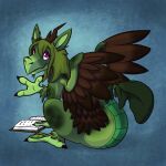 1:1 2015 3_fingers 3_toes anthro book broken_horn claws dragon feathers feet female fingers fur green_body green_fur green_hair hair horn kyisha mythological_creature mythological_scalie mythology purple_eyes scalie simple_background sitting solo toes unknown_artist wings