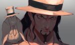  1boy angry animal animal_on_shoulder artist_name bird bird_on_shoulder black_hair closed_mouth facial_hair goatee hat hattori_(one_piece) highres ibuo_(ibukht1015) long_hair male_focus necktie one_piece pigeon rob_lucci top_hat white_bird yellow_eyes 
