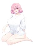  1girl absurdres barefoot breasts commentary dr_(slrkwhdma12) highres large_breasts looking_at_viewer lucid_(maplestory) maplestory open_mouth pink_hair pointy_ears red_eyes shirt short_hair simple_background sitting solo t-shirt teeth thighs upper_teeth_only white_background white_shirt 