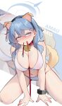  1girl absurdres ako_(blue_archive) animal_collar animal_ears bare_arms bare_legs bare_shoulders bell bikini blue_archive blue_eyes blue_hair blue_halo blush breasts character_name cleavage closed_mouth collar cuffs dog_ears dog_tail fake_animal_ears hair_between_eyes halo handcuffs highres large_breasts long_hair looking_at_viewer neck_bell painterliuhao solo swimsuit tail white_bikini zoom_layer 
